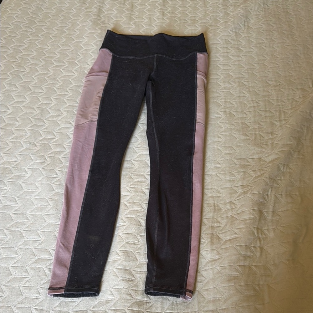 Fabletics Black Leggings with Mauve Side Panels